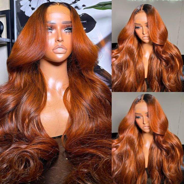 $100 Off Full $100| Glueless Dark Root Ginger Colored Body Wave 13x4 Lace Front Wig Flash Sale