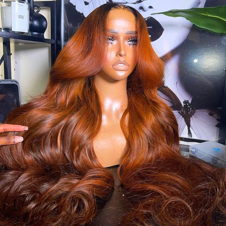 $100 Off Full $100| Glueless Dark Root Ginger Colored Body Wave 13x4 Lace Front Wig Flash Sale - Image 2