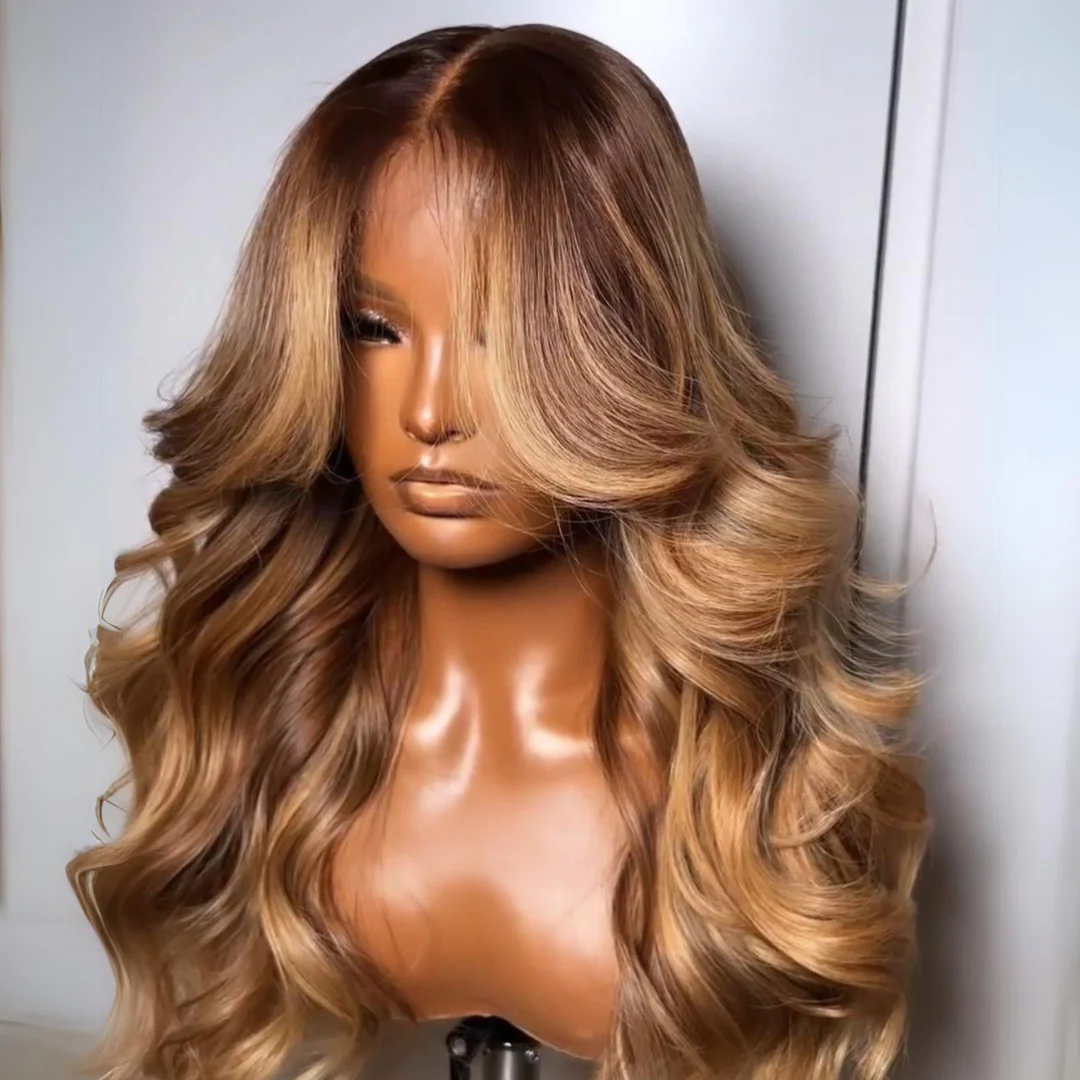 Highlights Brown with Blonde Glueless Loose Wave Natural Curtain Bangs Hair Clear Transparent Lace Front Wigs For Women-Amanda Hair - Image 2