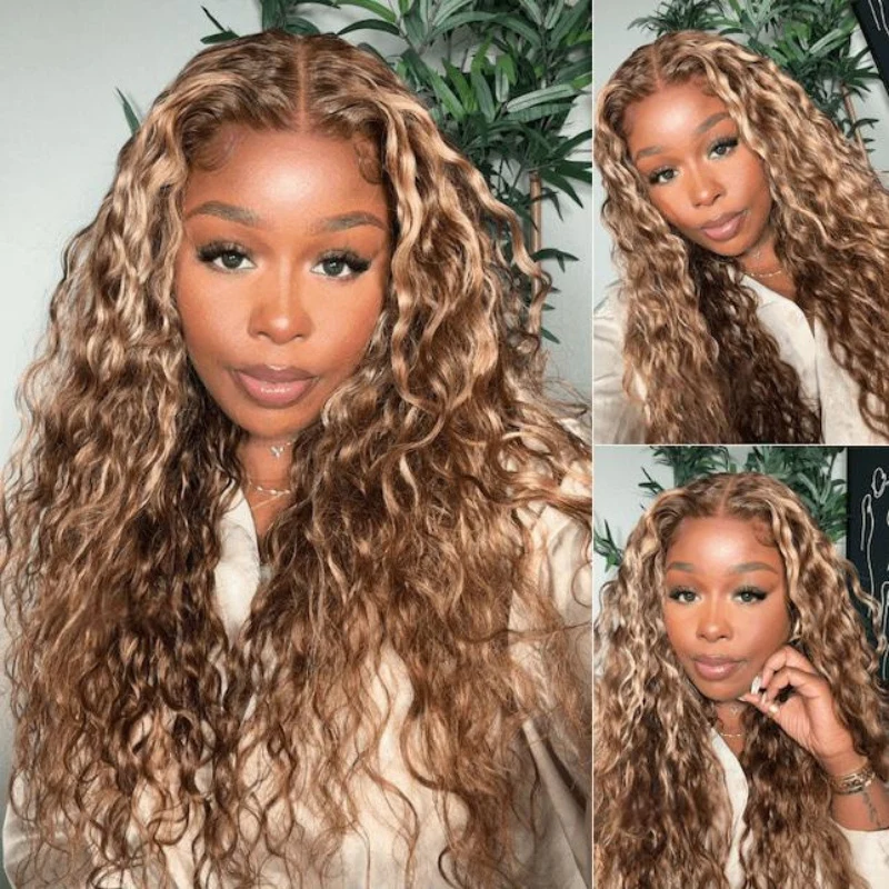 Burmese Curly Glueless Honey Blonde  Highlighted Color Water Wave 13x4 Lace Front Put On And Go Human Hair Wig Flash Sale - Image 10