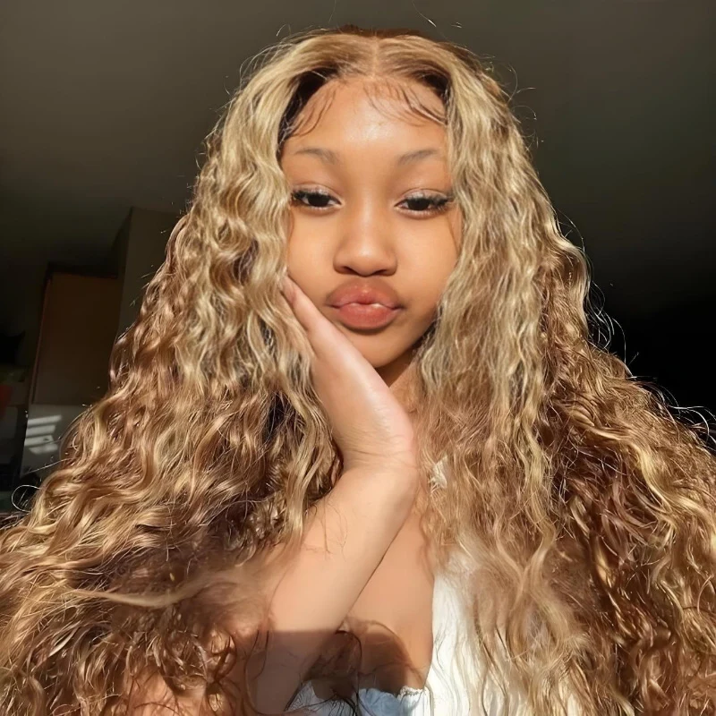 Burmese Curly Glueless Honey Blonde  Highlighted Color Water Wave 13x4 Lace Front Put On And Go Human Hair Wig Flash Sale - Image 11