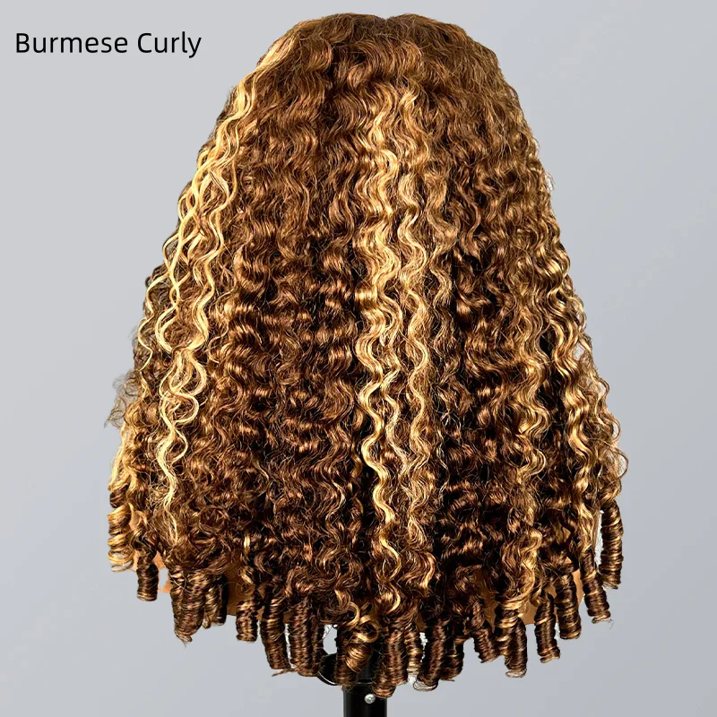 Burmese Curly Glueless Honey Blonde  Highlighted Color Water Wave 13x4 Lace Front Put On And Go Human Hair Wig Flash Sale - Image 12