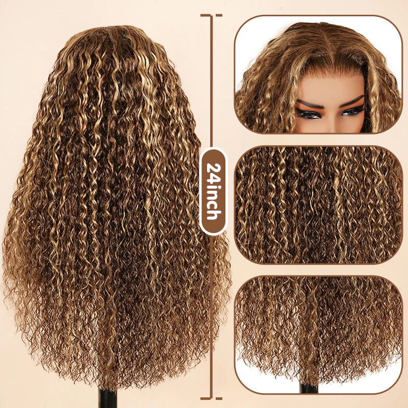 Burmese Curly Glueless Honey Blonde  Highlighted Color Water Wave 13x4 Lace Front Put On And Go Human Hair Wig Flash Sale - Image 6