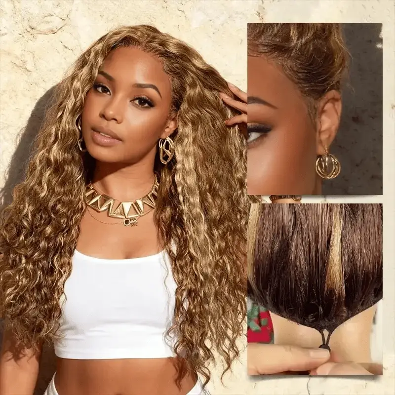 Burmese Curly Glueless Honey Blonde  Highlighted Color Water Wave 13x4 Lace Front Put On And Go Human Hair Wig Flash Sale - Image 8