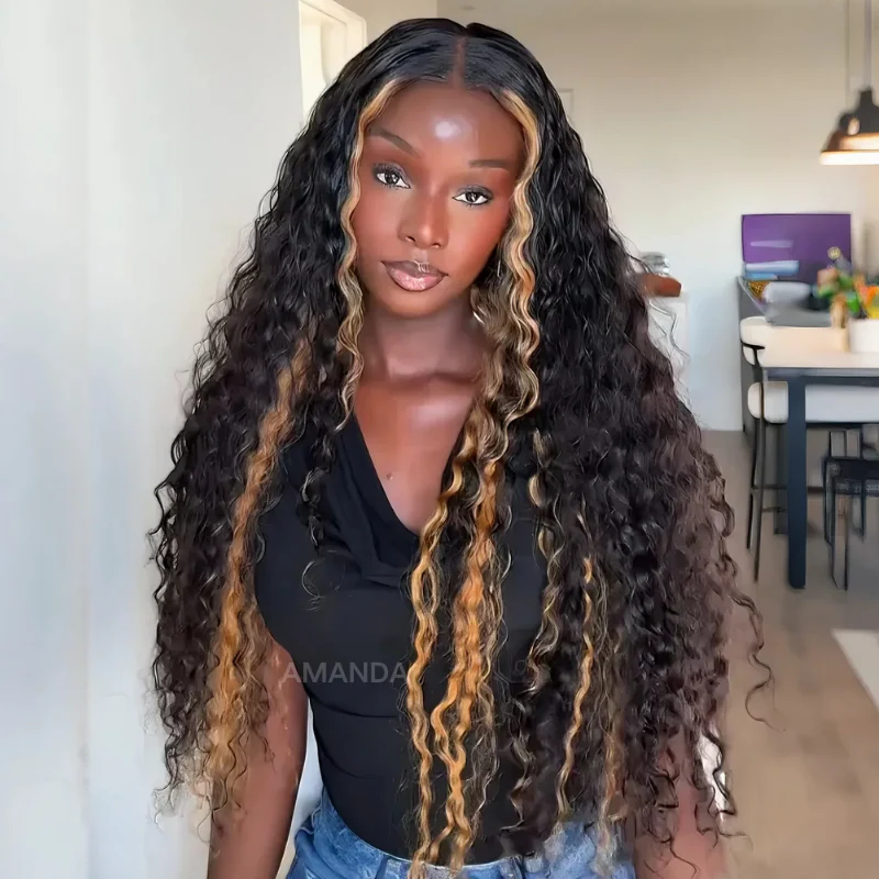 300% Density Pre Everything Glueless Blonde Highlights On Luxurious Deep Curly Wave Wig Clear Transparent Lace Wig - Amanda Hair