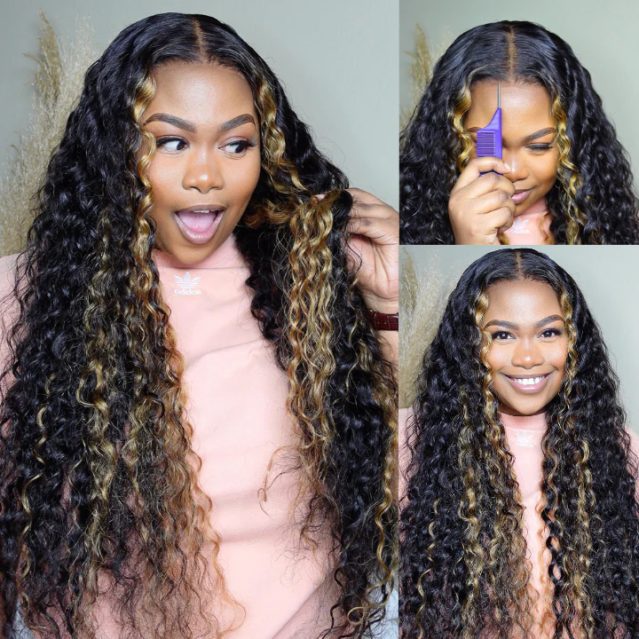 24H Fast Shipping Glueless Blonde Highlights on Luxurious Lace Frontal Deep Curly Wave Wig - Clear Transparent Lace Front/Closure Wig- Amanda Hair - Image 2