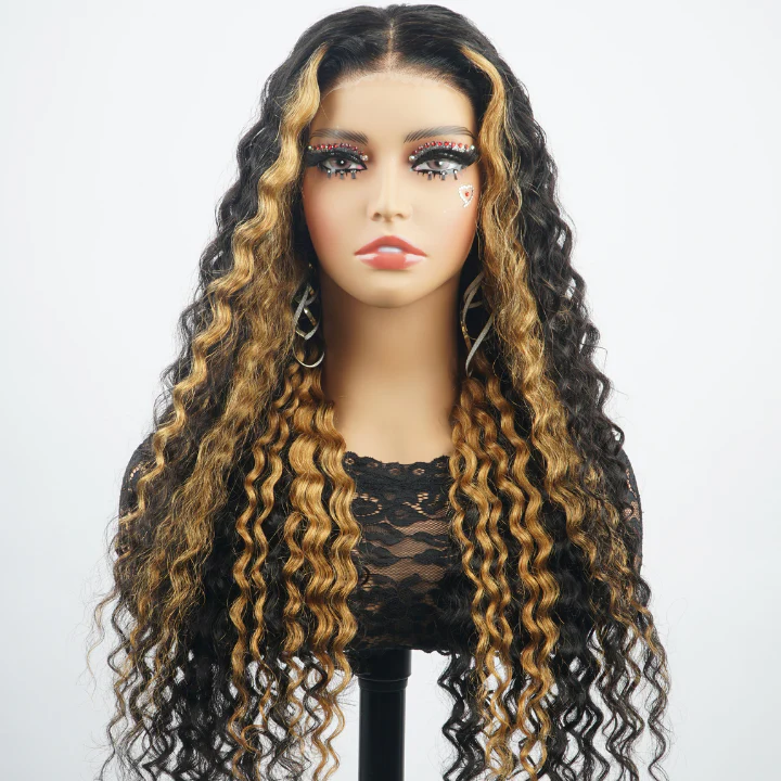 24H Fast Shipping Glueless Blonde Highlights on Luxurious Lace Frontal Deep Curly Wave Wig - Clear Transparent Lace Front/Closure Wig- Amanda Hair - Image 4