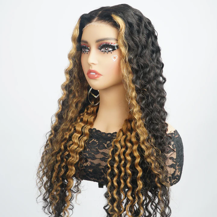 24H Fast Shipping Glueless Blonde Highlights on Luxurious Lace Frontal Deep Curly Wave Wig - Clear Transparent Lace Front/Closure Wig- Amanda Hair - Image 5
