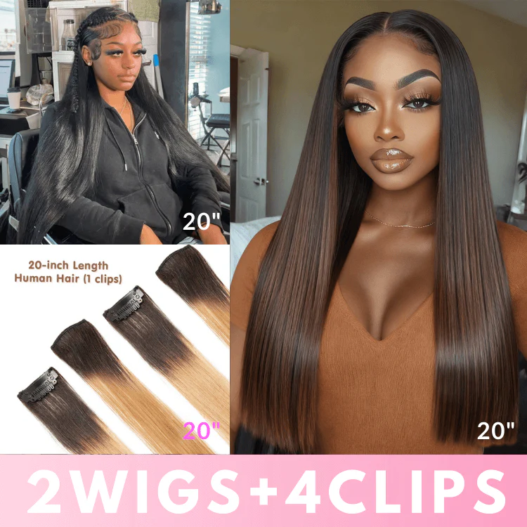3 Bulk Flash Sale| 20" Ombre Brown Straight 6×4 Lace Closure Wig+20" 7×5 Glueless Lace Side Parting Straight Wig+20" Hair Clip×4pcs