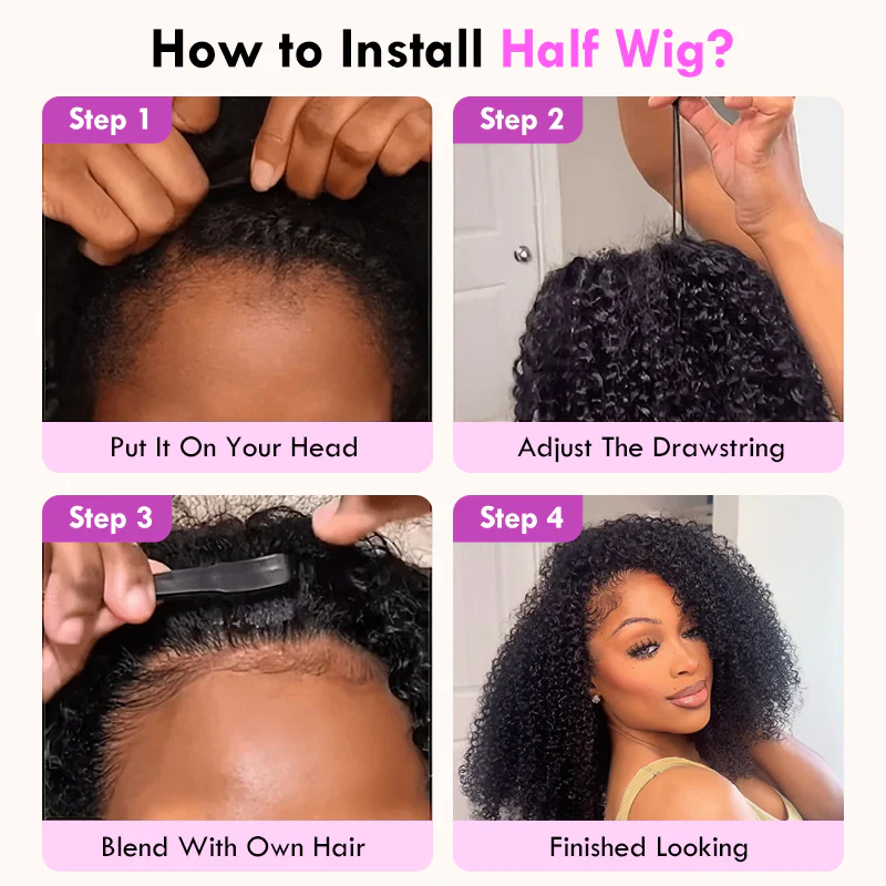 3 In 1 Half Wig | Honey Blonde Highlight Kinky Curly Put On & Go Invisible Drawstring Glueless Flip Over Half Wig - Image 12