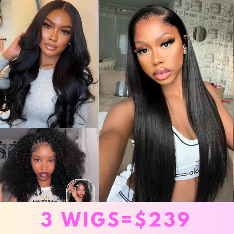 3 Wigs for $239 | 26" Body Wave 200% Density 13×6 Lace Front Wig + 22" Straight 6×4 Glueless Lace Wig + 20" kinky Curly Half Wig Flash Sale