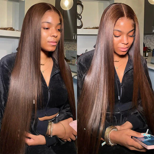 Dark Brown Colored Straight 13x4 Lace Front Wigs HD Transparent Lace 180% Density Human Hair Wigs Flash Sale - Image 3