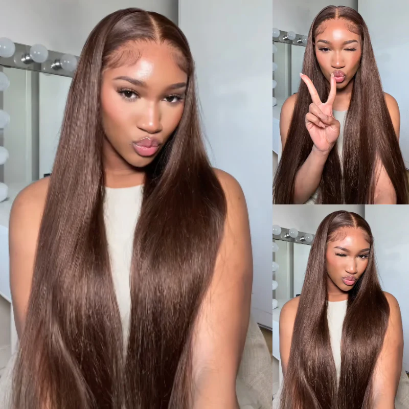 Dark Brown Colored Straight 13x4 Lace Front Wigs HD Transparent Lace 180% Density Human Hair Wigs Flash Sale