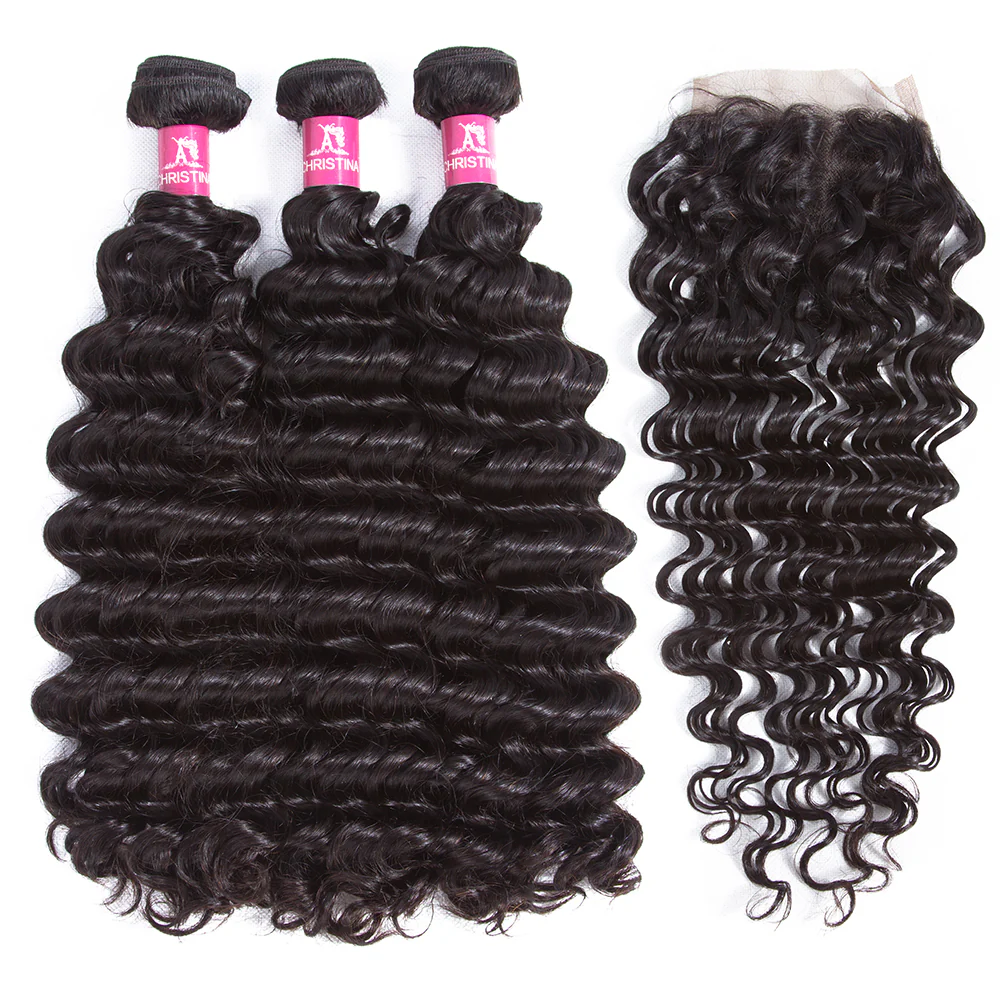Deep Wave Brazilian Hair 3 Bundles With 4*4 Lace Closure 10A Human Hair Extensions-Amanda Hair - Image 2