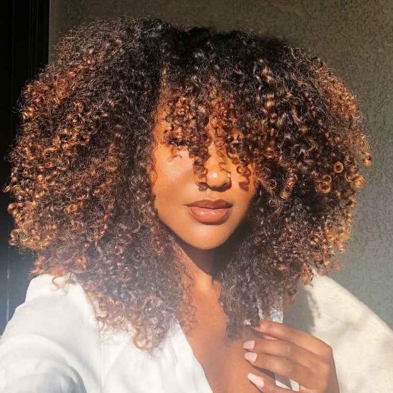 Amanda Double Drawn 300% Density 2×4 Lace Glueless Ombre Brown Curly Wig With Bangs & Drawstring