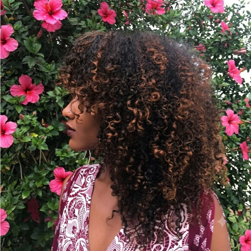 Amanda Double Drawn 300% Density 2×4 Lace Glueless Ombre Brown Curly Wig With Bangs & Drawstring - Image 3
