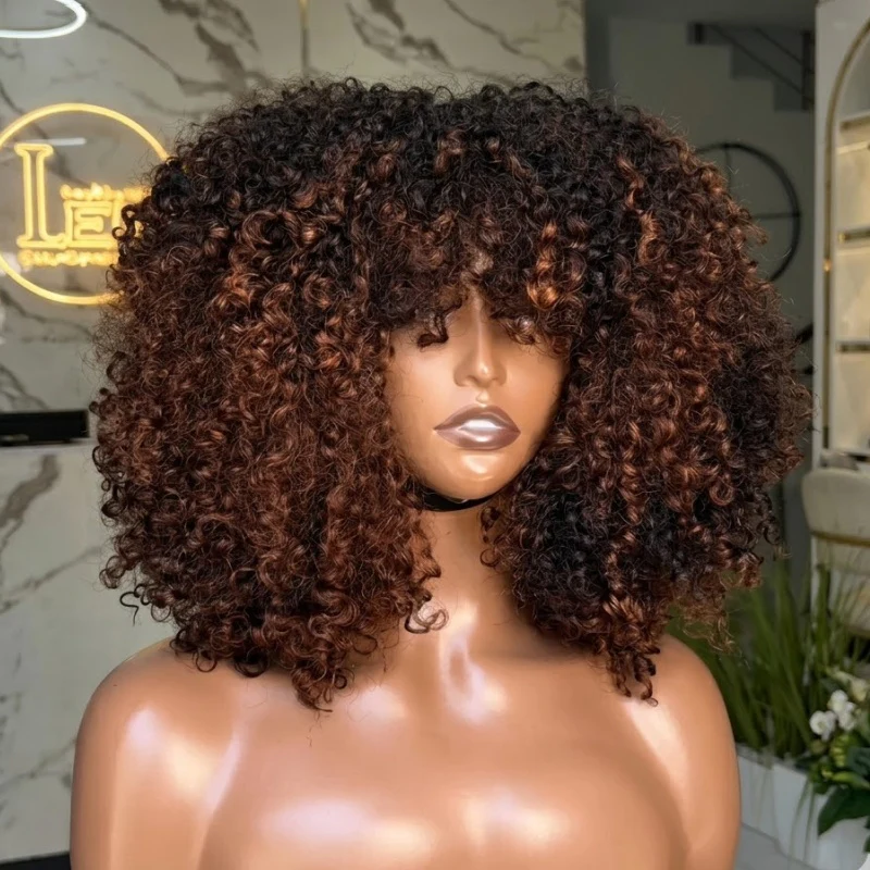 Amanda Double Drawn 300% Density 2×4 Lace Glueless Ombre Brown Curly Wig With Bangs & Drawstring - Image 4