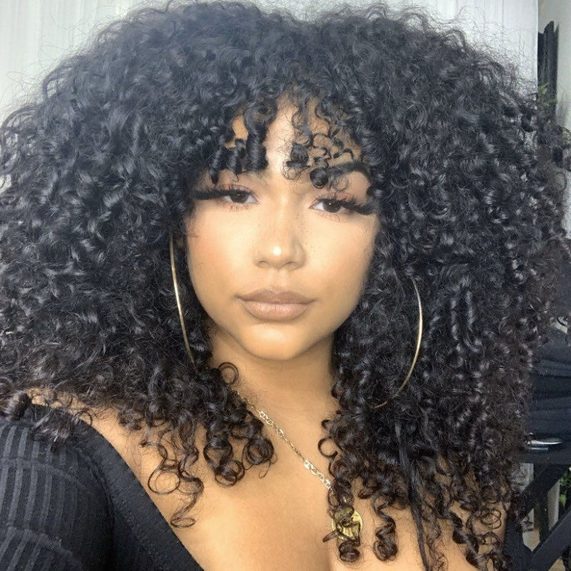 Amanda Double Drawn 300% Density 2×4 Lace Glueless Ombre Brown Curly Wig With Bangs & Drawstring - Image 7