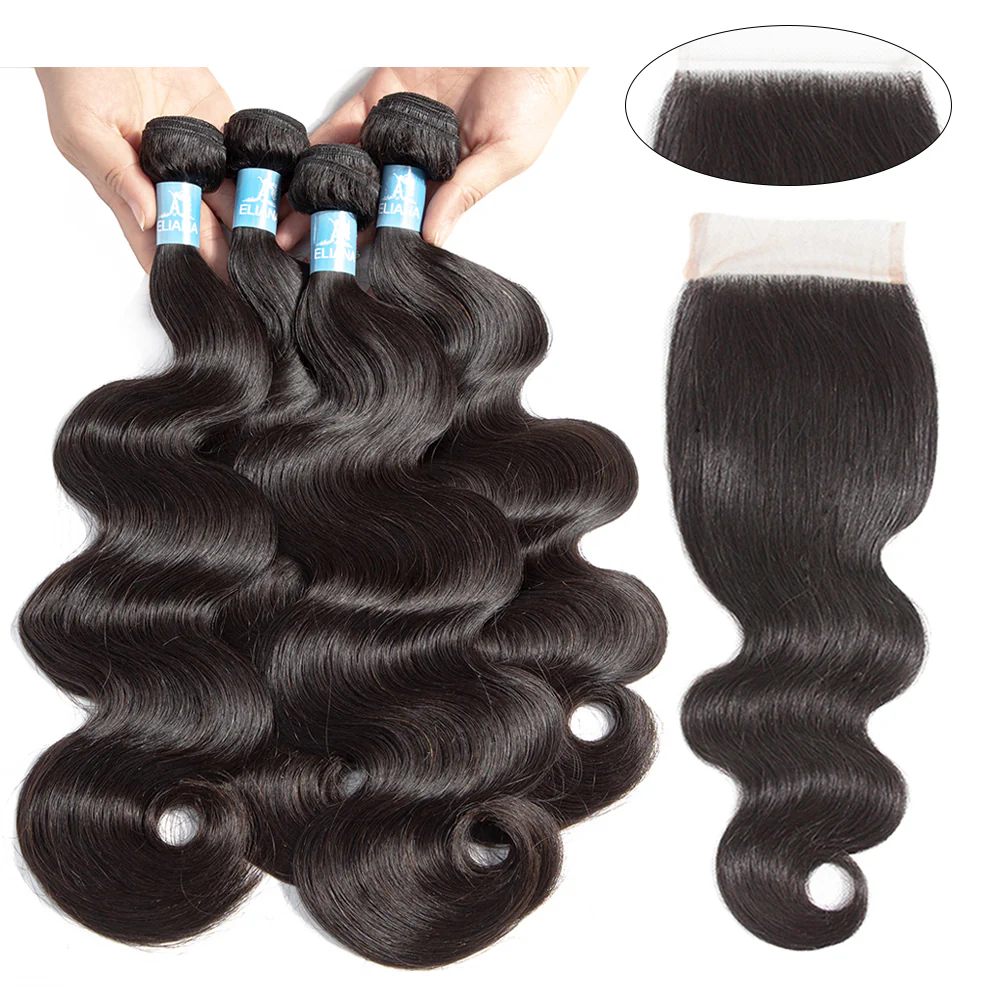 Amanda Hair Indian Body Wave 4 Bundles With 4*4 Lace Closure 9A Grade 100% Unprocessed Human Hair