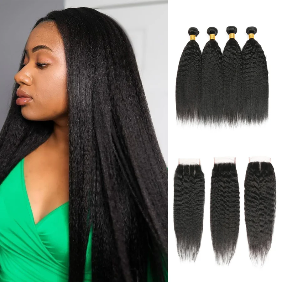 Amanda Indian Hair Kinky Straight 4 Bundles With 4*4 Lace Closure 9A Grade 100% Unprocessed Human Hair Hot Item