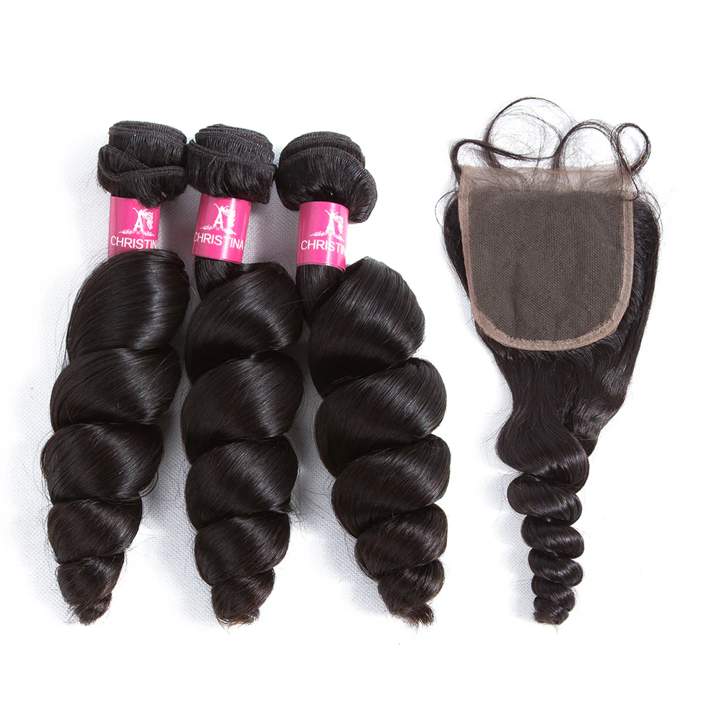 Amanda Peruvian Hair Loose Wave 3 Bundles With 4*4 Lace Closure 10A Grade 100% Remi Human Hair Hot Sell Wave Bundles Hair Extensions - Image 2