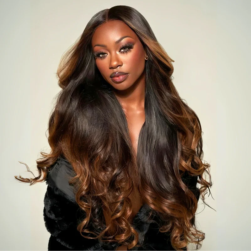 Body Wave Put On & Go Ombre Brown Invisible Drawstrings Pre-Cut HD Transparent Lace Glueless Wig-Amanda Hair