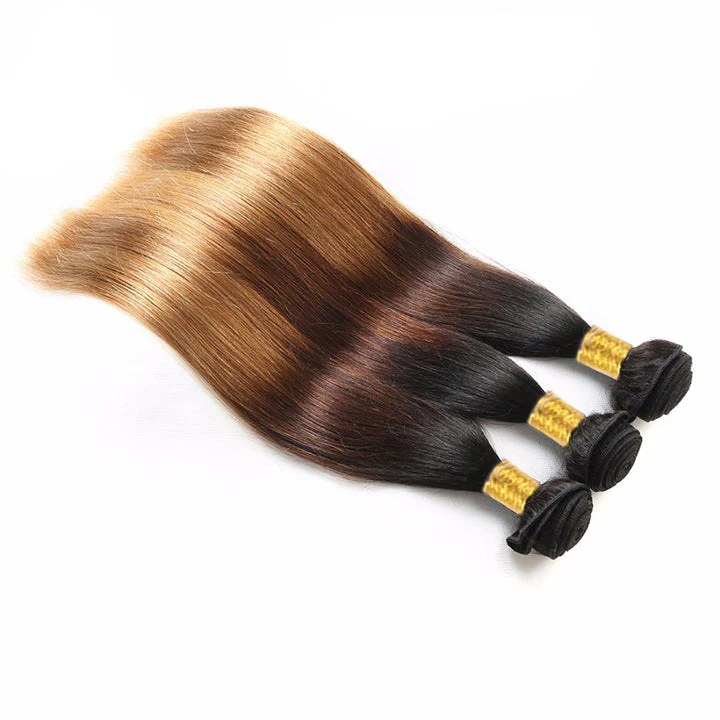 Blonde Human Hair 3 Bundles With Closure 3Tone (T1b/4/27) 100% Real Straight Human Hair Extensions - Image 2
