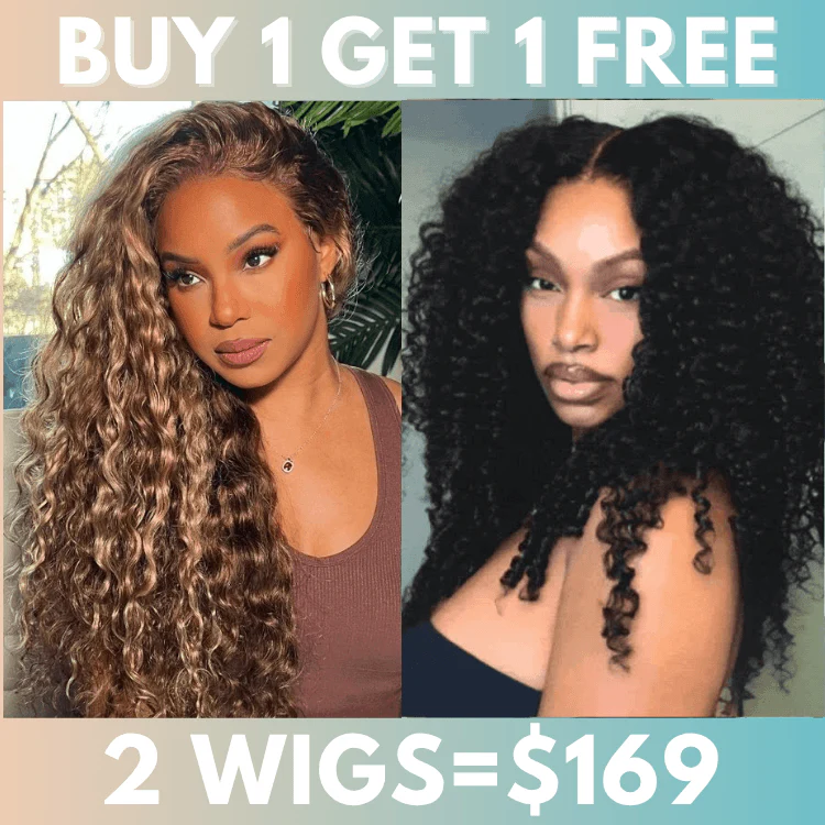 Bogo Flash Sale| Glueless Honey Blonde Water Wave 13x4 Lace Front Wig + Burmese Curly End Glueless 7x5 Lace Wig 200% Density Double Drawn