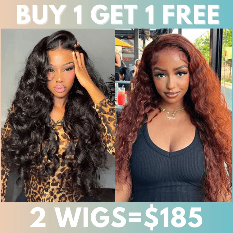 Bogo Flash Sale| Top-Selling Loose Wave Glueless 6x4 Lace Wig with Curtain Bangs + Long Water Wave Reddish Brown 7x5 Lace Wig
