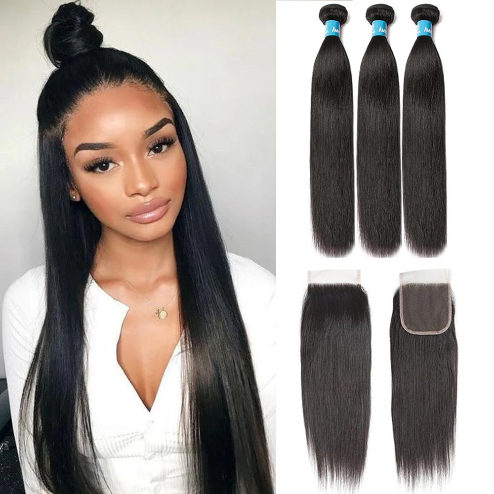 Brazilian Straight Hair 1/3 Bundles With 4*4 Lace Closure 9A Grade 100% Unprocessed Human Hair No Tangles Flash Sale - Image 2