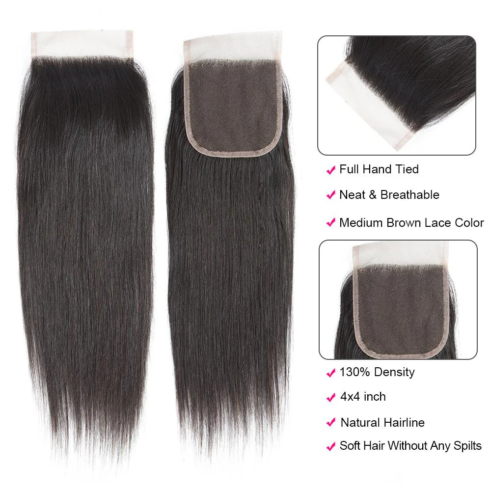 Brazilian Straight Hair 1/3 Bundles With 4*4 Lace Closure 9A Grade 100% Unprocessed Human Hair No Tangles Flash Sale - Image 7