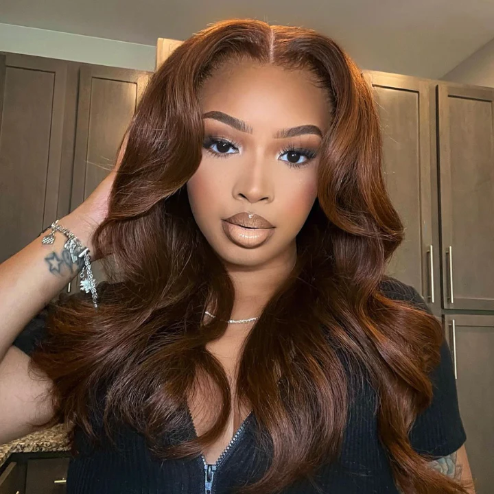 Chestnut Brown Loose Wave Human Hair Wigs with Curtain Bangs Glueless Lace Front Colored Wig - Amanda Hair - Image 2