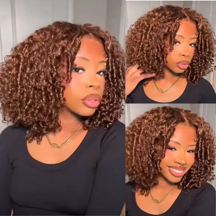 Chocolate Brown Bold Afro Curly Bob Hairstyle 7x5 / 13x4 Full Lace Front Colored Wig Human Hair 180% Density - Amanda Hair