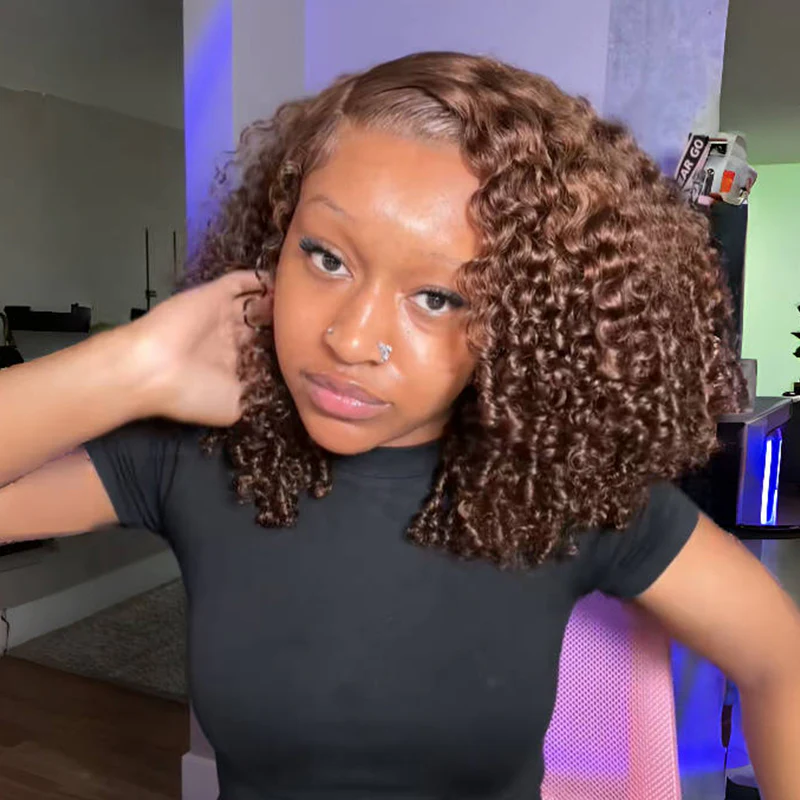 Chocolate Brown Bold Afro Curly Bob Hairstyle 7x5 / 13x4 Full Lace Front Colored Wig Human Hair 180% Density - Amanda Hair - Image 3