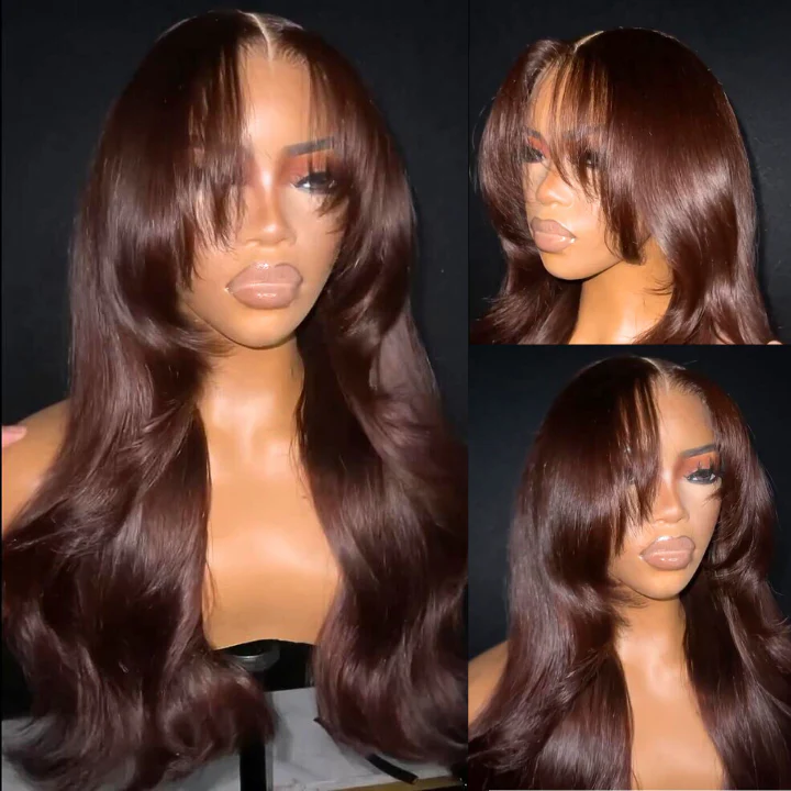 Dark Reddish Brown Glueless Body Wave Natural Curtain Bangs HD Transparent Lace Front Wigs For Women-Amanda Hair