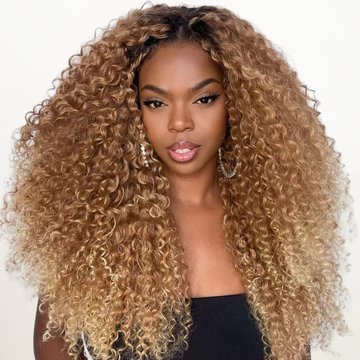 Outre Dominican Curly Dark Root Highlight Blonde 13x4 Lace Wigs  Deep Bouncy Curly Lace Front Wigs Human Hair Undetectable Clear Transparent - Image 2