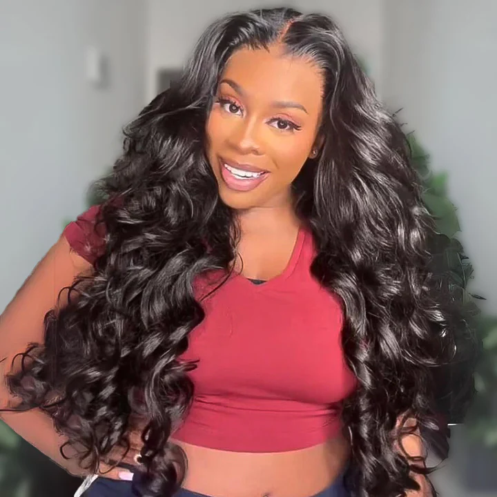 Double Drawn 3D Loose Wave Virgin Human Hair Transparent Full Lace Front Glueless Wig with Curtain Bangs Flash Sale - Image 6