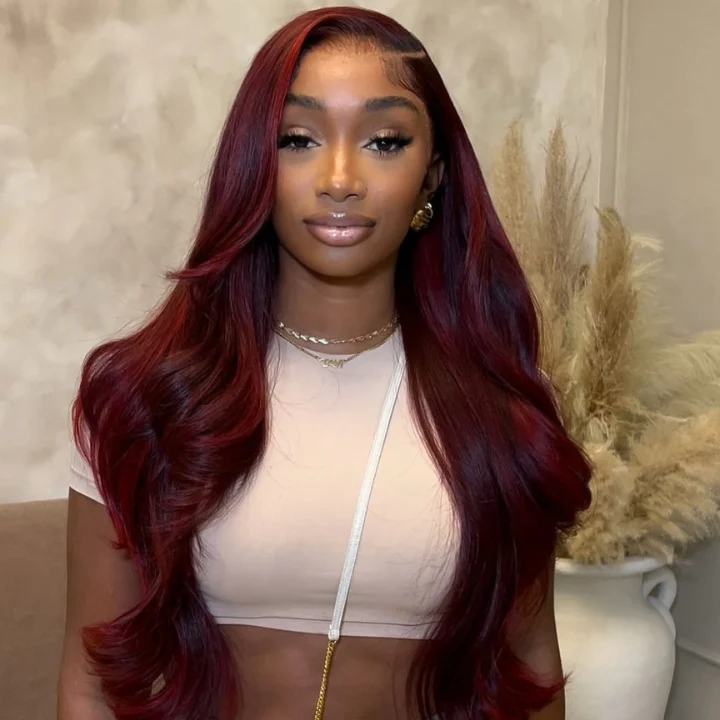 $100 Off Full $100| Glueless Dark 99J Burgundy Red Colored Body Wave Pre Plucked HD Lace Frontal Wig Flash Sale