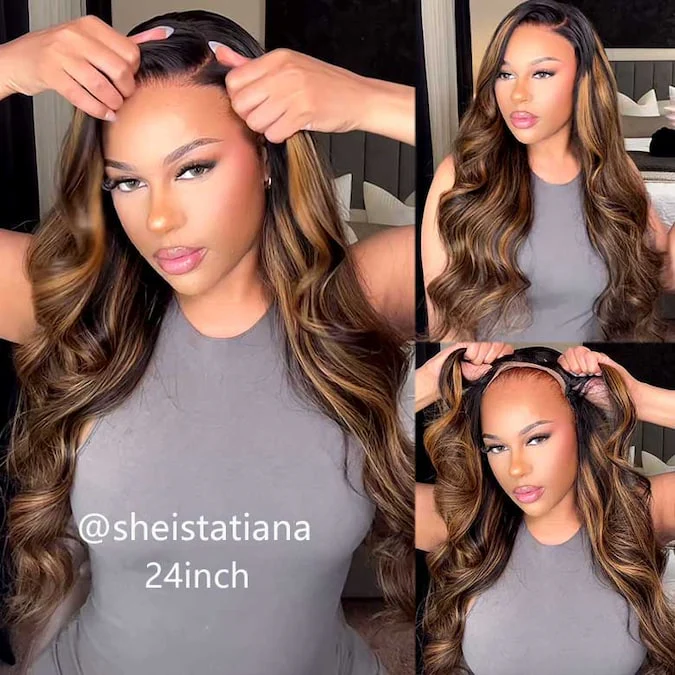 Extra 50% Off | Put On & Go Glueless 3D Body Wave Highlight Balayage Brown Invisible Drawstring 7*5/13*4 Lace Front Wig - Image 4