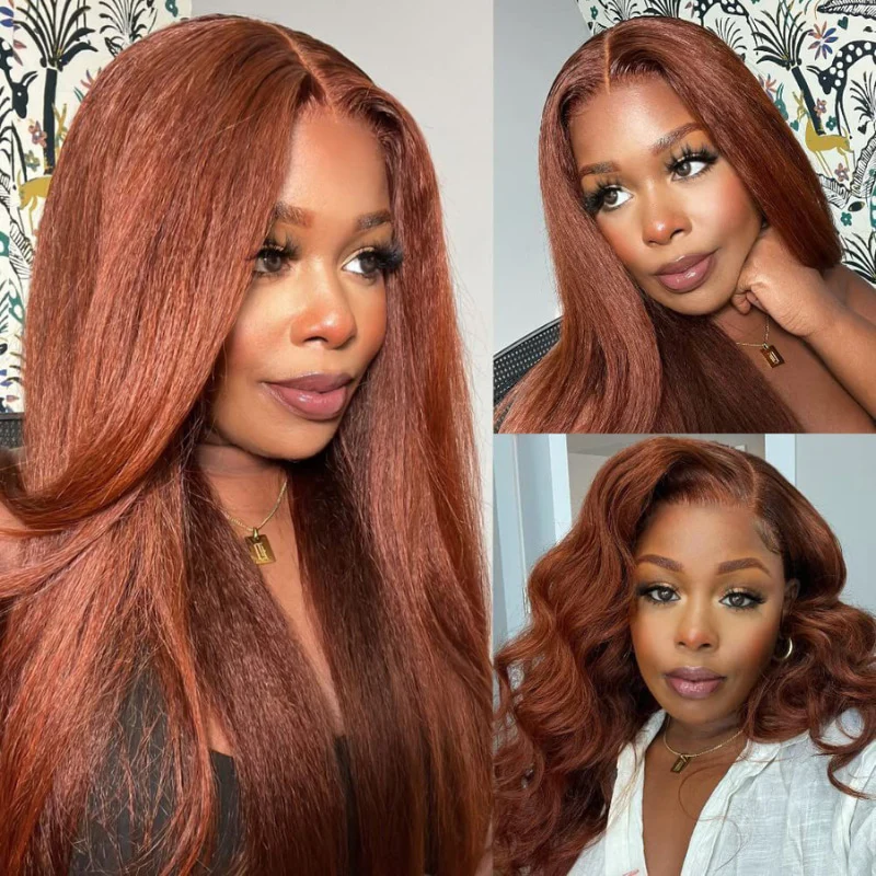 Extra 60% OFF|  Kinky Straight Reddish Brown 13x4 Transparent Lace Front Wigs Flash Sale - Image 3