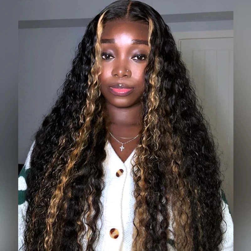 Buy 1 Get 1 Free Blonde Highlights Luxurious Deep Curly Wave Glueless Put On & Go HD Lace Front Wig - Image 3