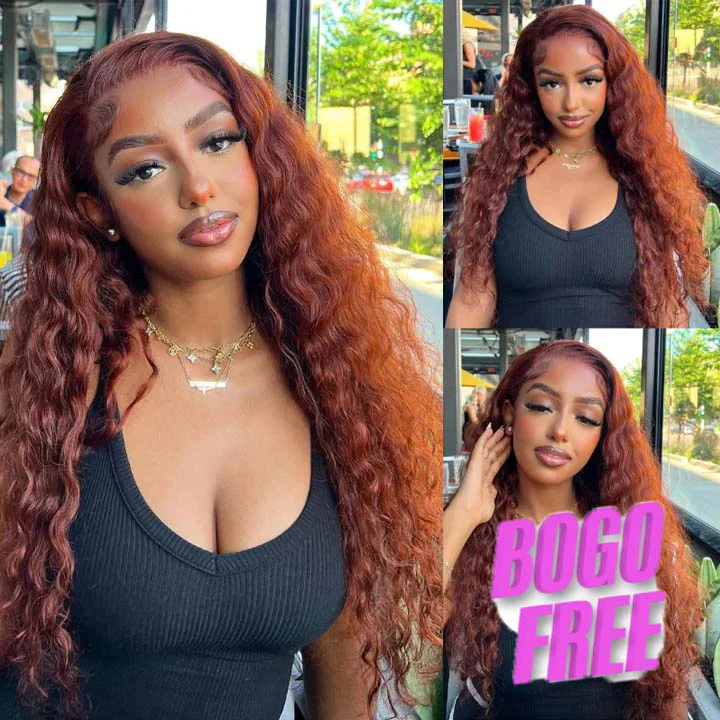 Buy 1 Get 1 Free Glueless Water Wave Reddish Brown 7x5 Lace / 13x4 Lace Front Wigs Dark Auburn Colored Human Hair Wig
