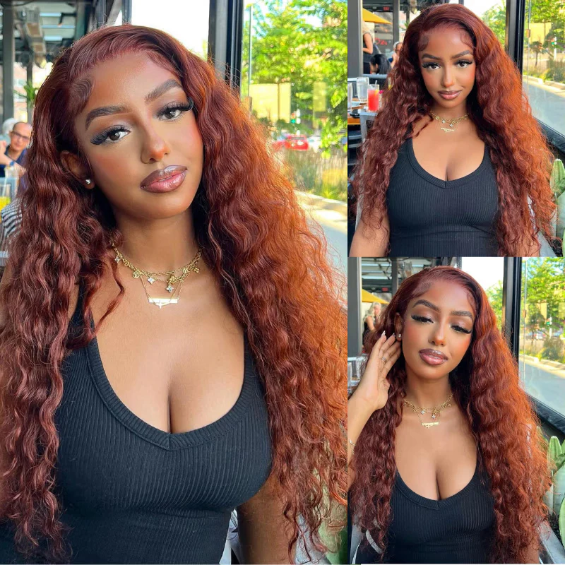 Buy 1 Get 1 Free Glueless Water Wave Reddish Brown 7x5 Lace / 13x4 Lace Front Wigs Dark Auburn Colored Human Hair Wig - Image 2