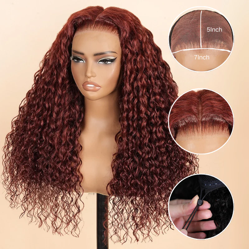Buy 1 Get 1 Free Glueless Water Wave Reddish Brown 7x5 Lace / 13x4 Lace Front Wigs Dark Auburn Colored Human Hair Wig - Image 6