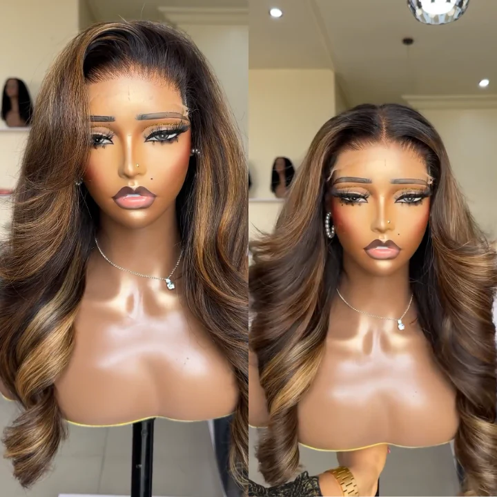 Buy 1 Get 1 Free Highlight Blonde Mix Brown Glueless Body Wave Human Hair Lace Front Wig - Image 3