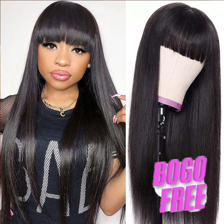Buy 1 Get 1 Free Silk Straight Wigs With Bangs Machine Made Virgin Brazilian Hair Wig