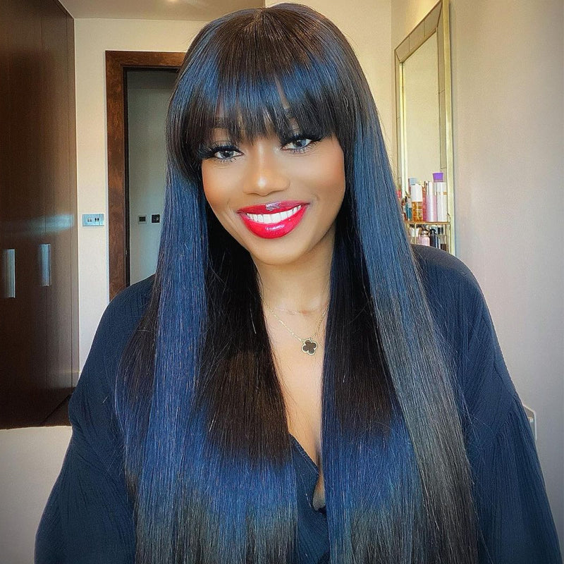 Buy 1 Get 1 Free Silk Straight Wigs With Bangs Machine Made Virgin Brazilian Hair Wig - Image 4