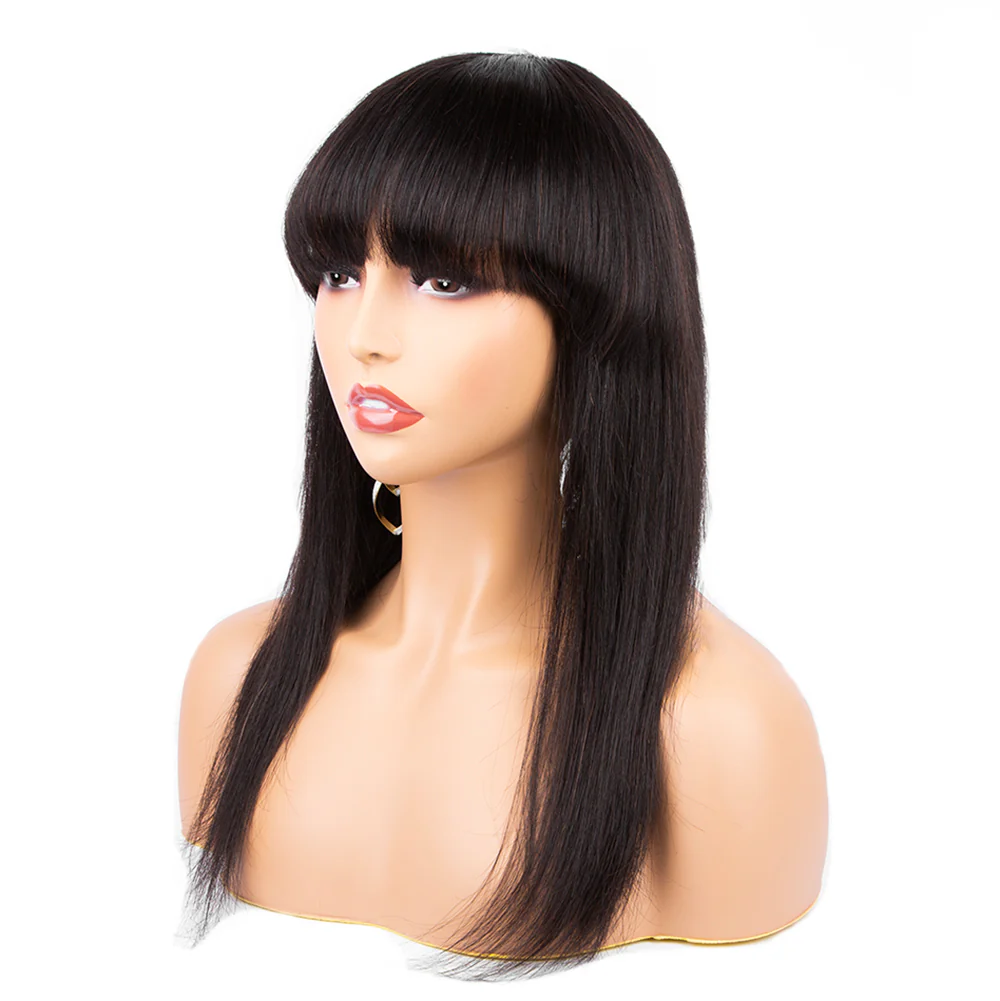 Buy 1 Get 1 Free Silk Straight Wigs With Bangs Machine Made Virgin Brazilian Hair Wig - Image 6