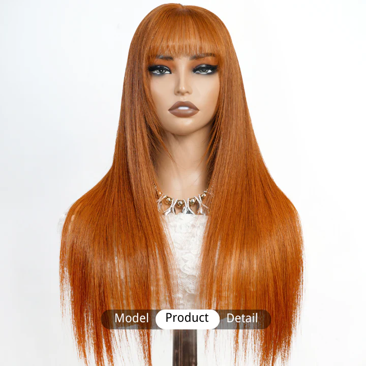 Ginger Human Hair Transparent Glueless Lace Front Straight Orange Colored Wigs with Bangs-Amanda Hair