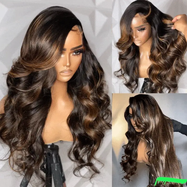Glueless 3D Body Wave Highlight Balayage Brown 7x5/13x4 Transparent HD Full Lace Front Wig Flash Sale - Image 2